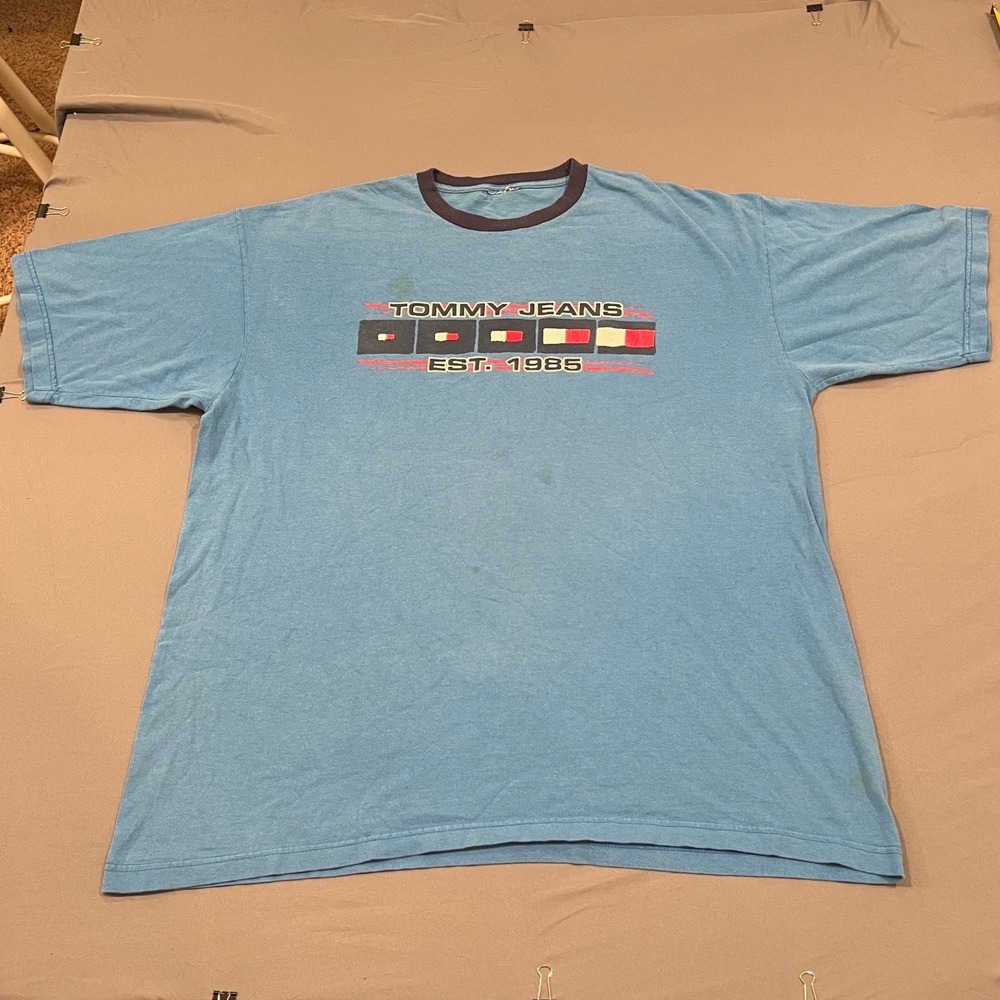 Tommy Jeans Vintage 90s Ringer Tee Blue Est 1985 Graphic Shirt XL Oversized